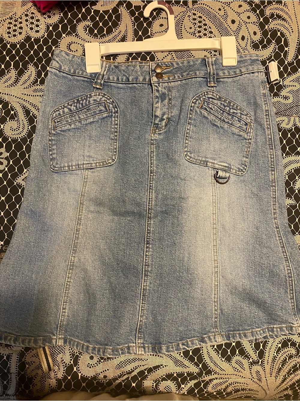 Light Wash Denim Midi Skirt with Front Patch Pockets